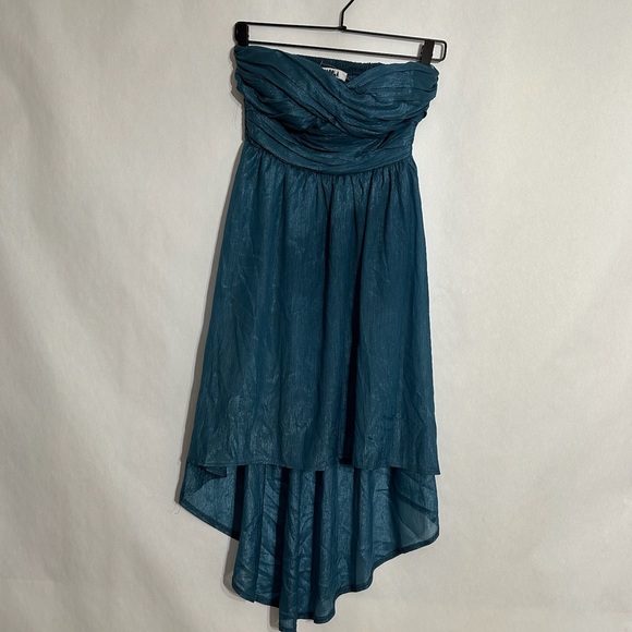 Mooloola Teal Strapless Ruched High-Low Shimmer Dress Y2K Vintage Size 8 - Picture 2 of 7